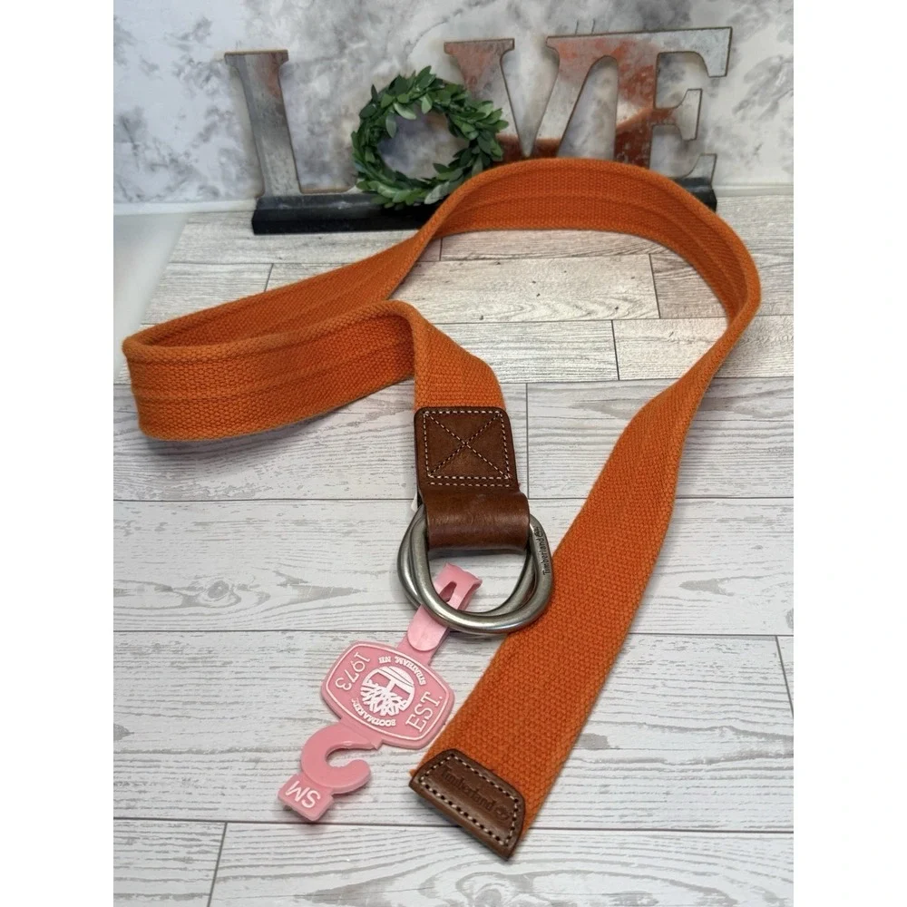 Timberland D Ring Orange Fabric Leather Detail Vintage Men Belt Size S/M 39